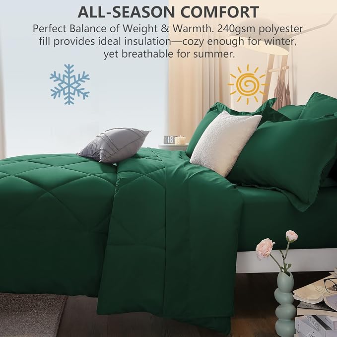 Super King Plus Comforter Set Emerald Green - 7 Pieces Bed in a Bag | OEKO-TEX Certified, All Season, 240GSM Down-Alternative Comforter, Sheets, Pillowcases & Shams, 14" Deep Pocket, Easy Care