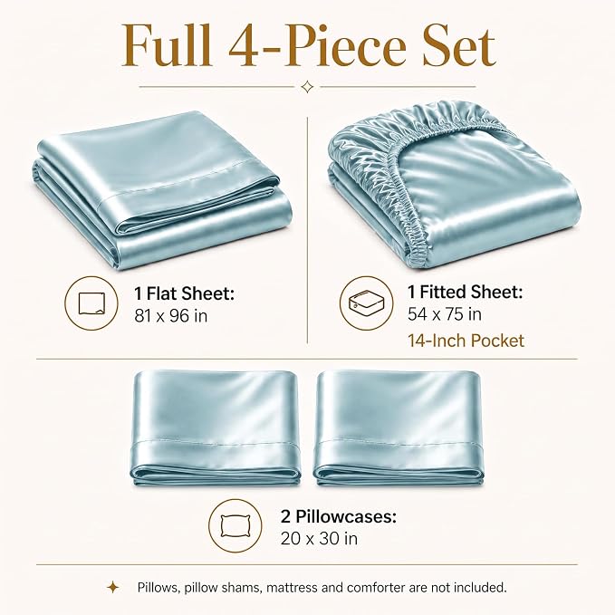 CozyLux Satin Sheets Full, 4-Piece 14-Inch Deep Pocket Sheet Set | OEKO-TEX Certified Silky Soft Sheet Set for Hair & Skin, Luxurious Silky-Smooth Satin for Elegant Bedroom Decor, Light Blue