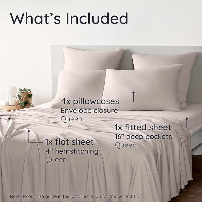 Bambaw 100% Viscose Derived from Bamboo Sheets Queen Size Set – 6pcs Cooling Queen Sheet Set, Deep Pocket Fits Up to 16'' with Elastic Corner Straps, Soft Sheets (Sand)