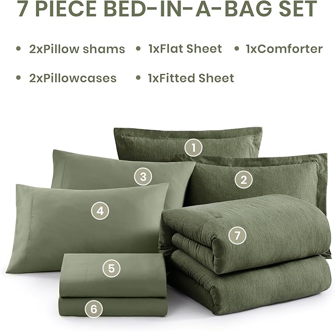 Monbix Full Size Comforter Set Olive Green 7 Pieces Bed in a Bag | Cationic Dyeing Reversible All Season Bedding Sets with Comforter, Sheets, Pillowcases & Shams