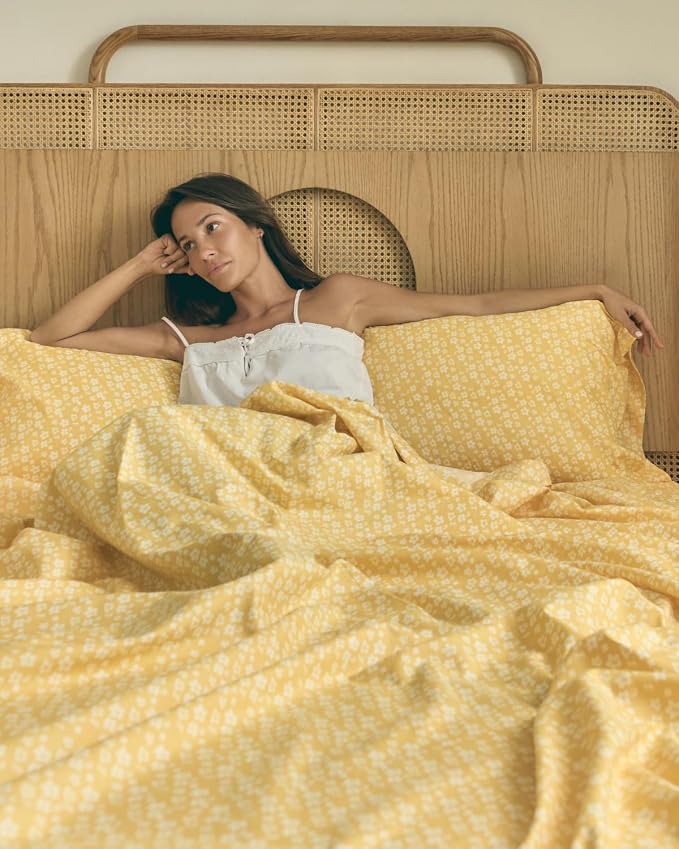 Split King 5 Piece Floral Sheet Set - Breathable & Cooling - Yellow Meadow | 1 Flat, 2 Fitted & 2 Pillowcases w/ Deep Pockets, Boho Botanical Floral Bedding, Breathable & Cooling, Wrinkle & Fade Free