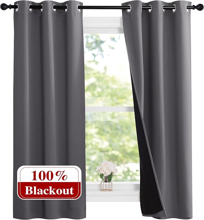 NICETOWN Grey Blackout Curtains for Bedroom 37" Wide x 60" Long 2 Panels | Short Curtains with Black Liners Solid Thermal Insulated Full Room Darkening 2-Layer Lined Drapes Energy Efficiency Decor