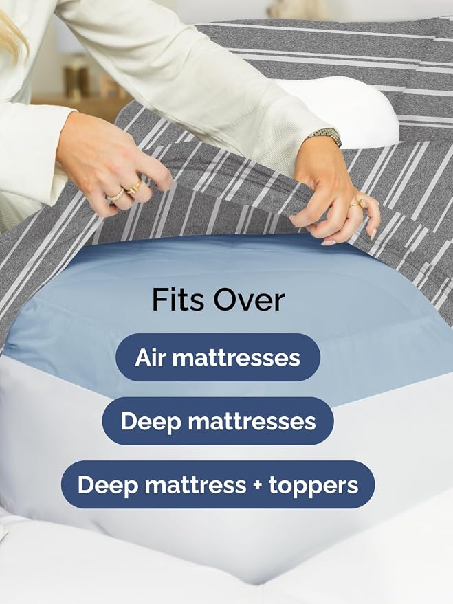 Extra Deep Cal King Sheet Set - 4 Piece Breathable & Cooling - Grey Stripes | Easily Fits 18 to 24 inch Mattress, Ultra Soft, Wrinkle & Fade Free with Extra Deep Pockets, Comfy Hotel Luxury Bedding