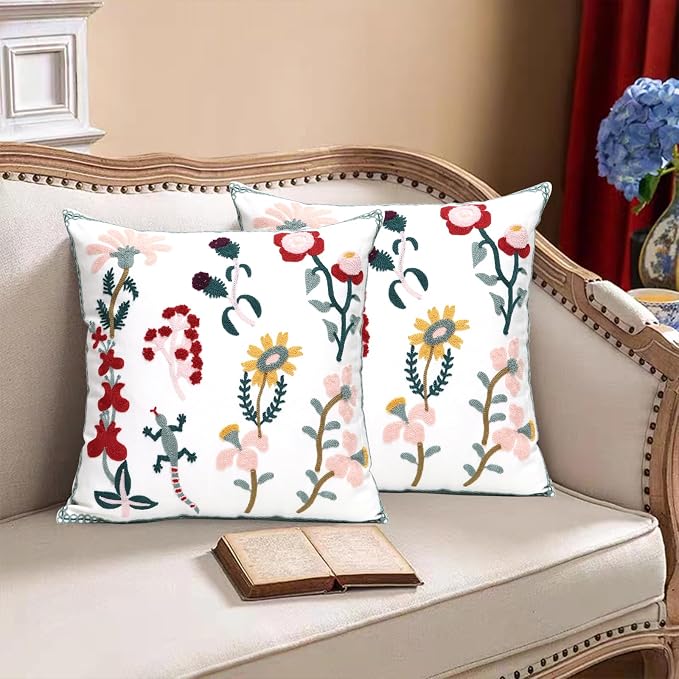 Pack of 2 Embroidered Decorative Throw Pillow Cover 18x18 Inch Farmhouse Floral Pillowcase for Living Room Sofa Bed (Gecko Floral)
