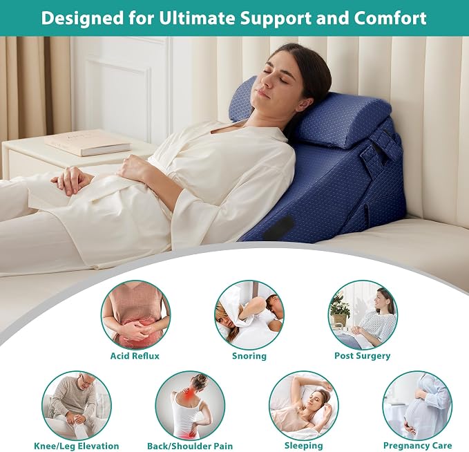 3Pcs Orthopedic Bed Wedge Pillow Set, Foam Wedge Pillow Post Surgery for Back, Leg and Knee Support, Adjustable 9&12 Inch Folding Triangle Pillow for Sleeping, Acid Reflux, Snoring, Navy