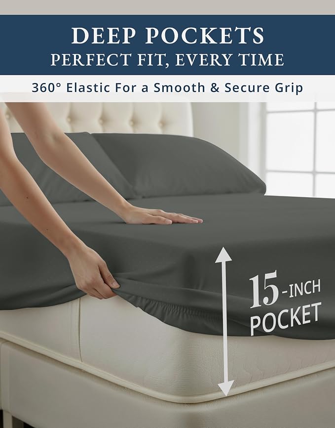 LANE LINEN Rest Sheets Cooling Set King Egyptian Cotton Sateen - Dark Grey | 100% Cotton King Size Sheets - 4-Piece Set, For Guests And Everyday Use, For A Silky Hotel-Style Bed, Luxe Sheen