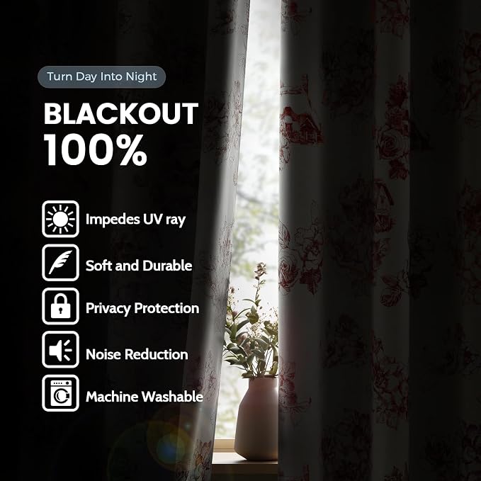 SimpleHome 100% Blackout Curtains for Bedroom Red Curtains Floral 96 Inches | Curtains for Living Room,Farmhouse Curtains and Drapes,Grommet Printed Patterns Room Darkening Curtains,2 Panels Set,52Wx96L