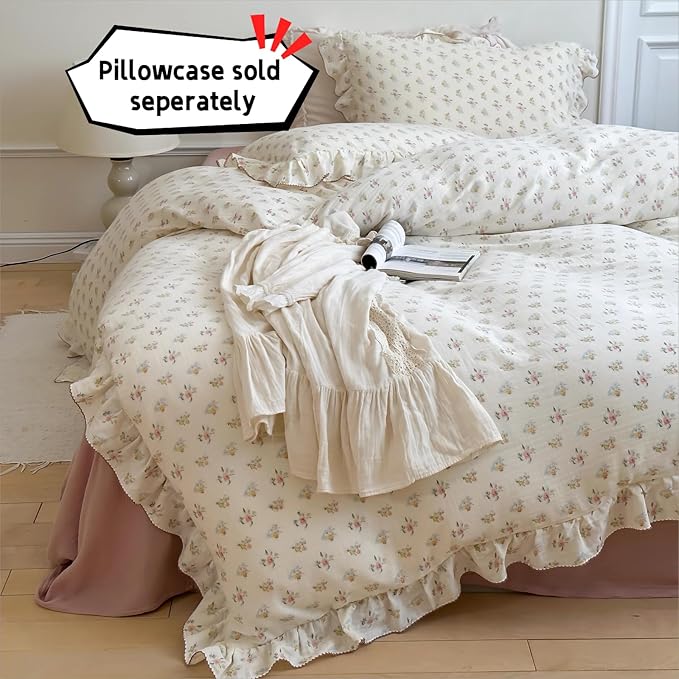 Cotton Muslin Duvet Cover Queen, Chic Shabby Azalea Floral Comforter Cover with Ruffles, Soft Breathable Gauze Quilt Covers for Kids Teens,90"x90", Zipper Closure, No Pillow