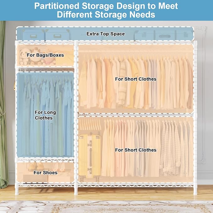 Ulif F7 Plus Clothes Rack, Clothing Racks for Hanging Clothes, White | Heavy Duty Garment Rack, 6-Tiers Freestanding Portable Closet Storage Racks 68'' W × 14.6'' D × 76.6'' H, Max Load 850 Lbs