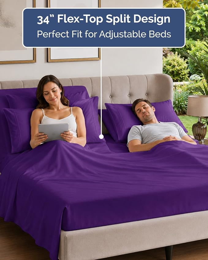 Flex Top Split Head King 6 Piece Sheet Set - Breathable & Cooling - Purple | Ultra Soft Hotel Luxury Bedding Set w/ 8-16 Inch Deep Pockets, 1 Flat & 1 Split-Head Fitted Sheet & 4 Pillowcases, Fade Free