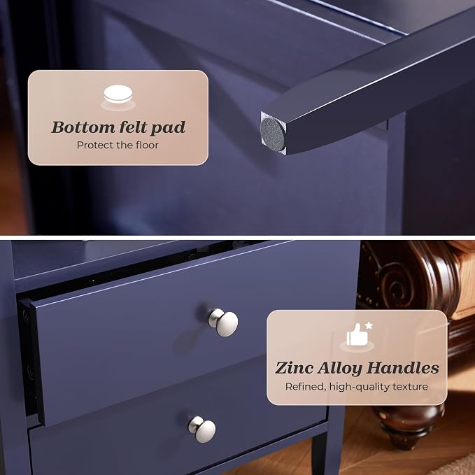 Huuger Blue Nightstand Set of 2, Night Stand with Charger Station | Bedside Table with 2 Drawers, Bed Side Tables for Bedroom, Modern Nightstands, Metal Knobs, Painted Surface