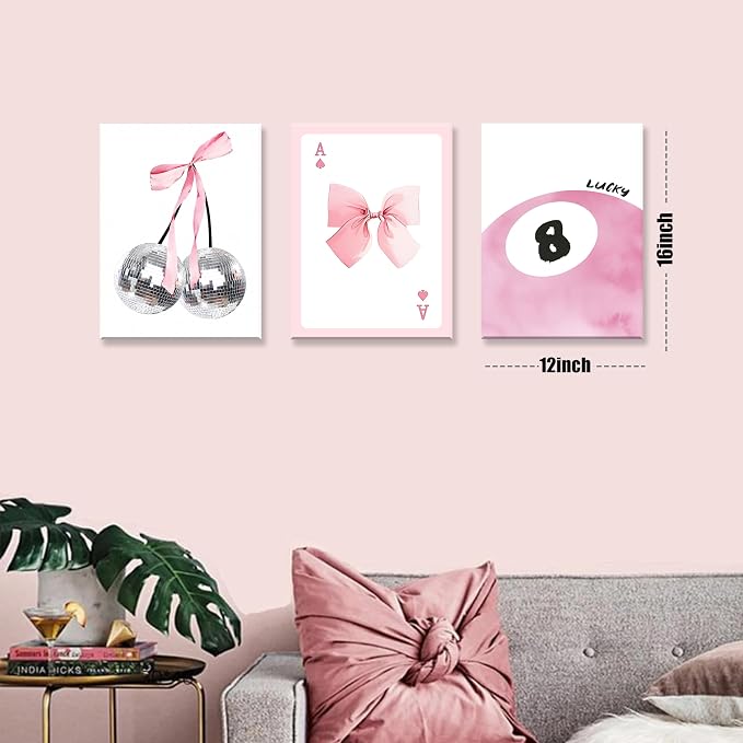 Framed Pink Canvas Wall Decor Set of 3, Pink Bow Wall Art Oil Painting, Girls Preppy Room Decor Picture, Trendy Disco Ball Print Poster for Teen Girl Apartment Bedroom Living Room Aesthetic 12x16 Inch