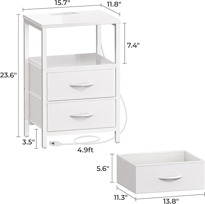 Huuger Nightstand with Charging Station, Side Table with Fabric Drawers | End Table with Open Shelf, Bedside Table with USB Ports and Outlets, Night Stand for Bedroom, Bed Side Table, White
