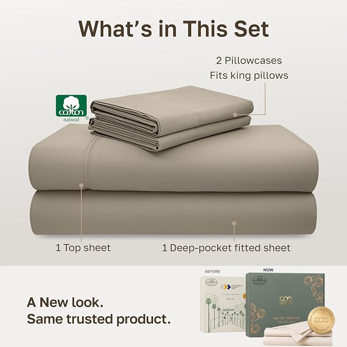 California Design Den Luxury 600 Thread Count California King Bed Sheets | 100% Cotton Sateen Backed by Good Housekeeping Seal, Soft & Smooth, 16" Deep Pocket, All-Around Elastic, 4 Pc Set -Cool Taupe