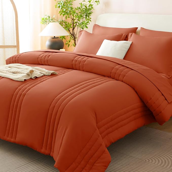 Queen Comforter Set Burnt Orange - 7 Pieces Bed in a Bag | OEKO-TEX Certified, 240GSM Down-Alternative Comforter, 14" Deep-Pocket Sheets, Shams & Pillowcases, Lightweight