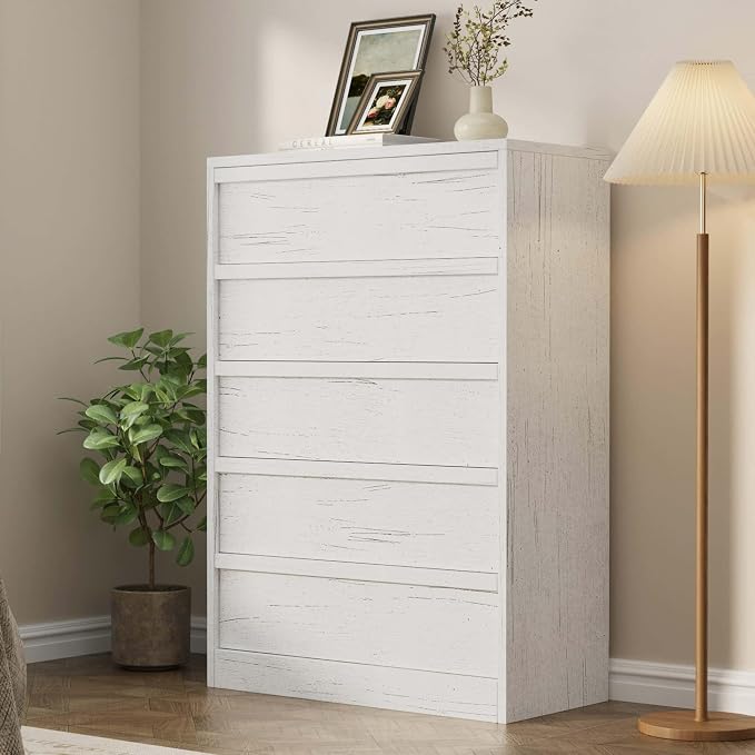 Garvee 5 Dresser for Bedroom, 43.3" Tall Dresser, Freestanding Horizontal Drawer with Storage, Wooden Closet Chest Storage for Living Room, Hallway, Entryway, White
