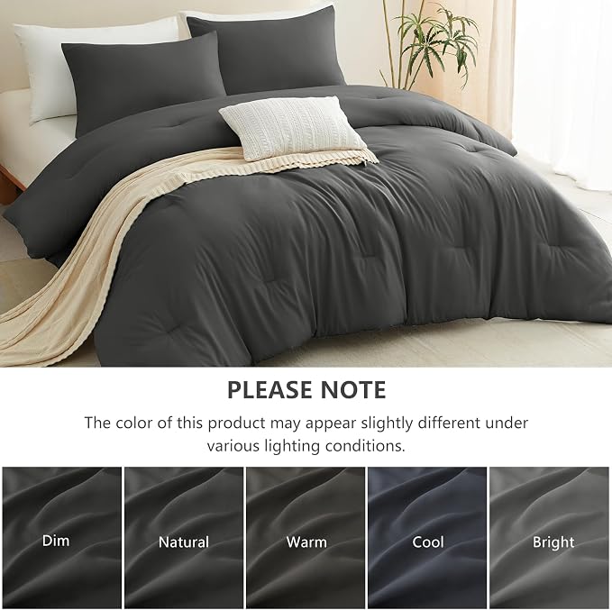 King Comforter Set, 3 Pieces Down Alternative Bedding, Dark Grey | 270 GSM All Season Comforter with 4 Corner Ties for Use as a Duvet Insert, OEKO-TEX Certified, 2 Pillowcases, 102 x 90 in