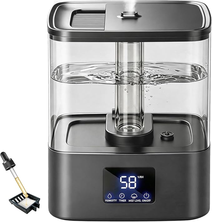 KZF 6L Top Fill Humidifiers for Bedroom & 60H Runtime - Cool Mist Humidifier, 3 Mist Levels, 8H Timer, Essential Oil Tray, Humidity Display, Quiet for Bedroom, Baby, Plants, Large Room (Black, 6L)