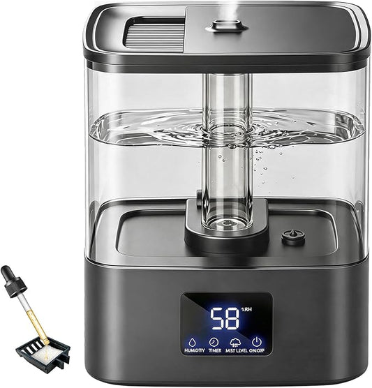 KZF 6L Top Fill Humidifiers for Bedroom & 60H Runtime - Cool Mist Humidifier, 3 Mist Levels, 8H Timer, Essential Oil Tray, Humidity Display, Quiet for Bedroom, Baby, Plants, Large Room (Black, 6L)