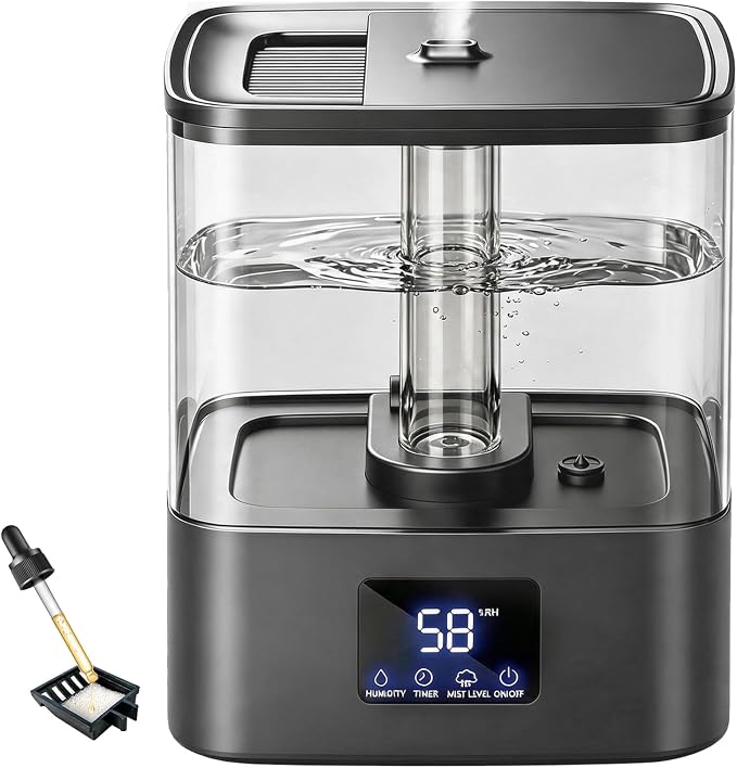 KZF 4L Top Fill Humidifiers for Bedroom & 40H Runtime - Cool Mist Humidifier, 3 Mist Levels, 8H Timer, Essential Oil Tray, Humidity Display, Quiet for Baby, Plants, Large Room (Black, 4L)
