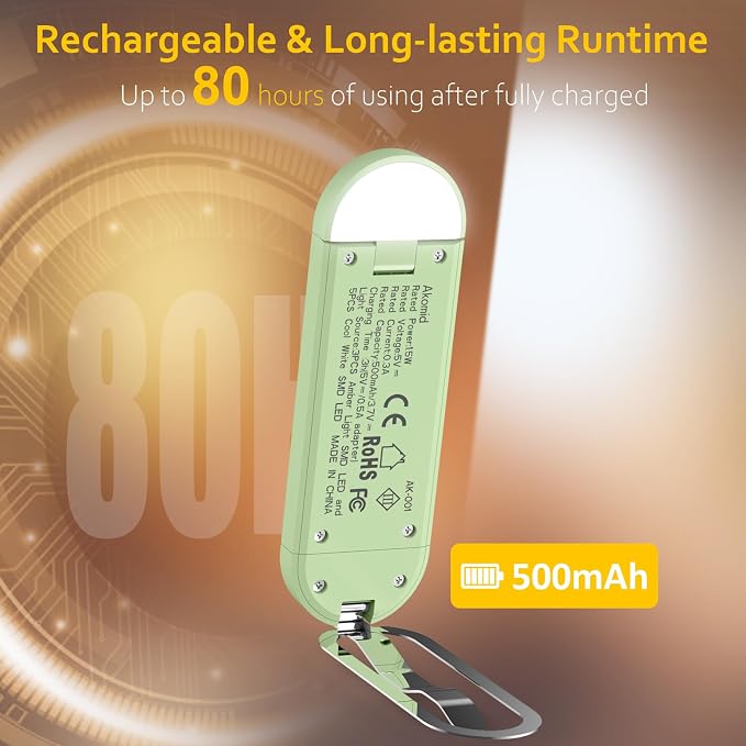 Akomid Book Light, USB Rechargeable, Eye-Cared Amber Light, 8 LEDs, Green, Modern Style, Metal & Plastic, Clip-On, Stepless Dimming, for Reading in Bed, Kids, Living Room