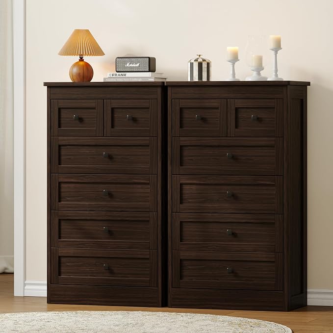 wanan Tall 6 Drawer Dresser for Bedroom, Walnut Modern 43.3'' Tall Wood Chest of Drawers, Storage Organizer with Smooth Metal Rails & Anti-Tip Kit for Closet, Hallway, Living Room