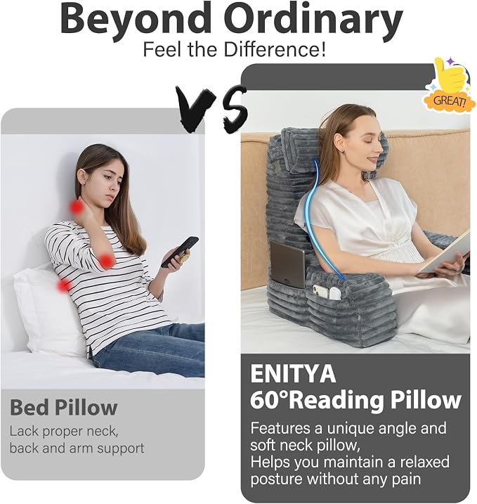 ENITYA 22" XL Back Pillow for Bed Sitting Up with Armrests & Big Pockets | Reading Pillow for Bed, Soft Back Support Chair, Ideal for Watching TV, Gaming, Nursing, Resting, Post Surgery, Dark Grey