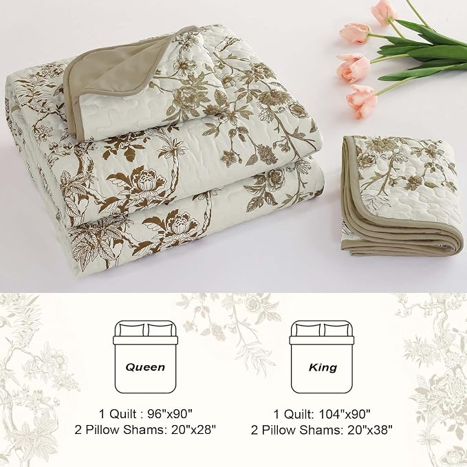 WONGS BEDDING Floral Quilt Set Full,3 Pcs Brown Bedspreads Coverlets Set | Spring Summer Floral Farmhouse Bedspread with 2 Shams,Soft Microfiber Lightweight Coverlet for All Season 78"×90"