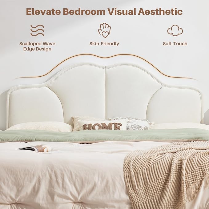 King Size Headboard Only Upgraded One-Piece Upholstered Headboards | Adjustable Height&Width, California King Bed Headboard, Modern Curved Velvet Fabric Padded Head Board, White