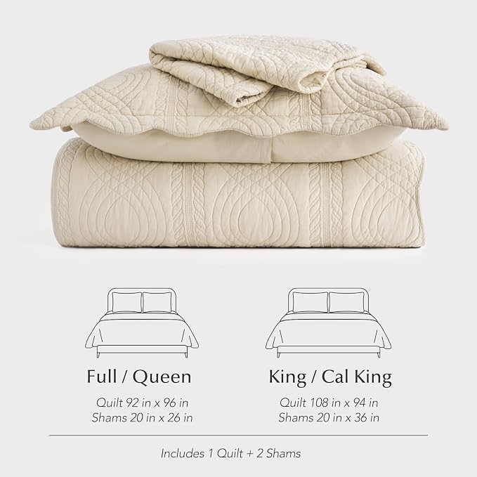 100% Cotton Scallop Quilt Set, Queen Size, Flax Beige | Scalloped Border, Timeless Chic Aesthetic, All-Season Comfort, Perfect French Country Bedroom Decor, 3 Piece Set with 2 Shams