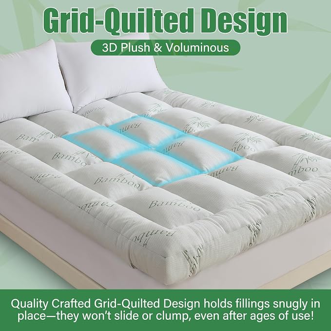 WhatsBedding 5 Inch Memory Foam Mattress Topper Full for Back Pain Relief, Cooling Bamboo Viscose Air Layer, Supportive Pillow Top Mattress Topper, 8-18in Deep Pocket