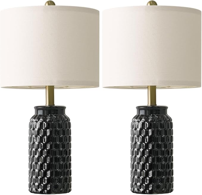 USumkky 20.5" Black Modern Ceramic Bedside Lamp Set of 2 for Bedroom Decor Farmhouse Table Lamp for Living Room Office Dorm