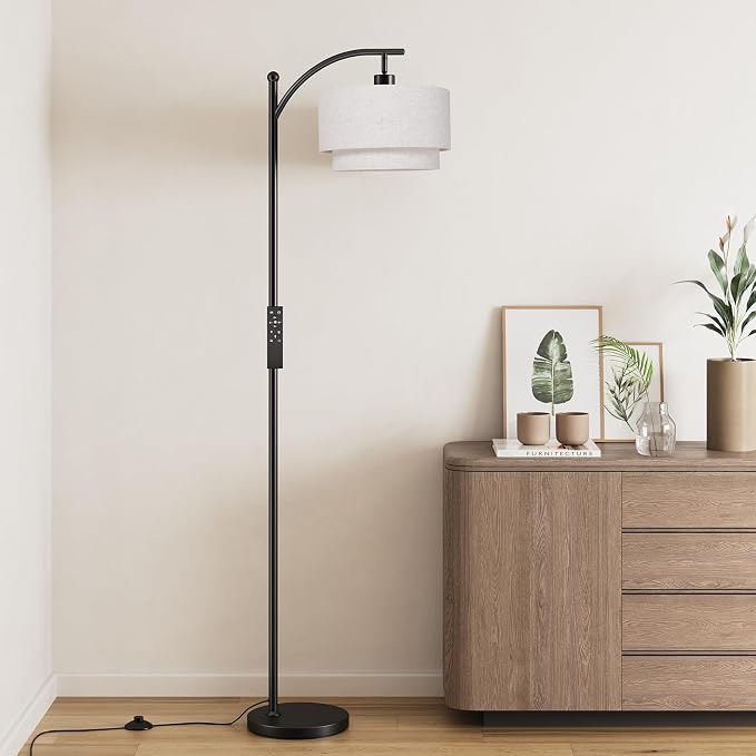 SUNMORY Arc Floor Lamps for Living Room with 12W Remote and Dimmable Bulb | Modern Floor Lamps with Adjustable Double Fabric Shades Shades, LED Lamp, Boho Standing Lamp for Bedroom, Corner, Home Decor