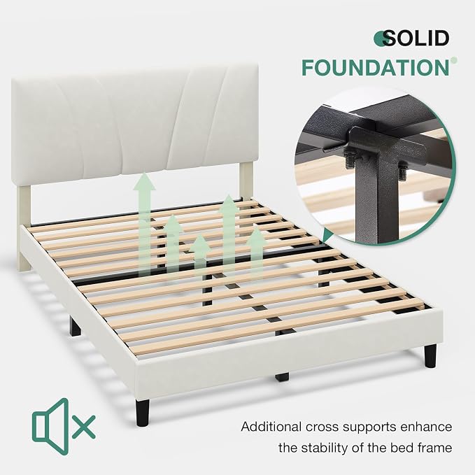 Novilla Queen Bed Frame, Queen Size Bed Frame with Wooden Slats Support, Velvet Upholstered Headboard, No Box Spring Needed, Heavy Duty Feet, Easy Assembly, White Velvet