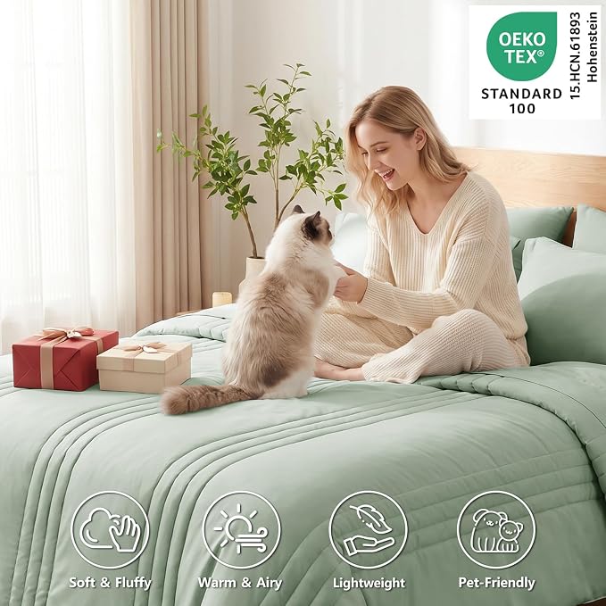 King Size Comforter Set Sage Green- 7 Pieces Bed in a Bag | OEKO-TEX Certified, 240GSM Down-Alternative Comforter, 14" Deep-Pocket Sheets, Shams & Pillowcases, Lightweight