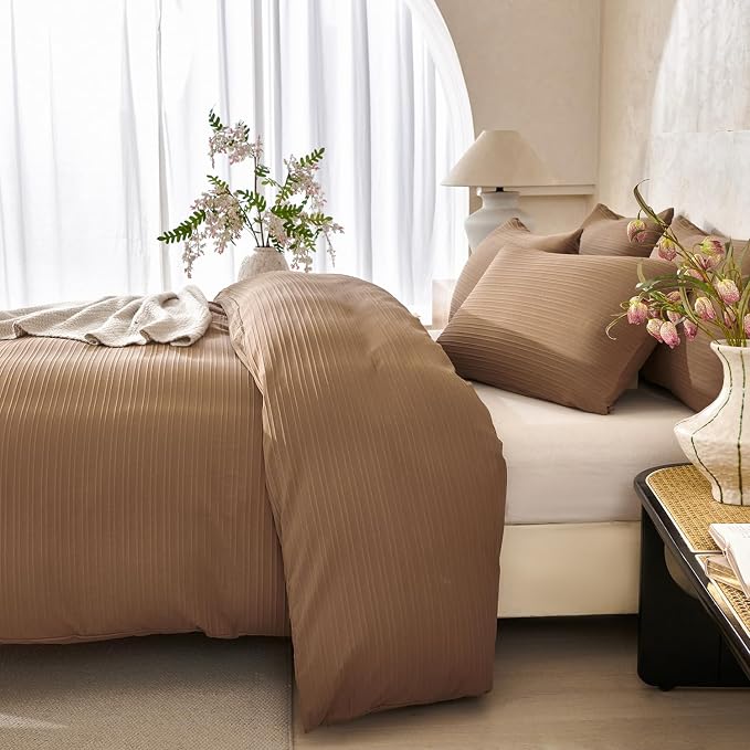 Comforter Set King Dark Brown Striped Luxury Washed Microfiber Jacquard 3 Pieces Bedding, Dark Brown Vertical Ticking Stripes Comforter with 2 Pillowcases Soft Breathable Durable Comfy