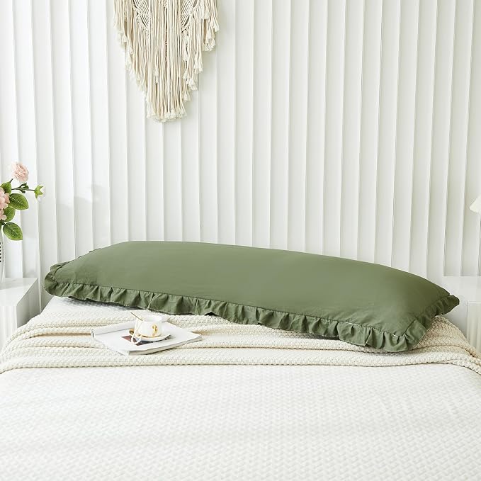 Shabby Chic Olive Green Body Pillow Cover - 20x54in Long Pillowcase with Ruffled Fringe Decor