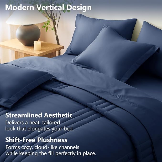 Queen Comforter Set Navy Blue - 7 Pieces Bed in a Bag | OEKO-TEX Certified, 240GSM Down-Alternative Comforter, 14" Deep-Pocket Sheets, Shams & Pillowcases, Lightweight