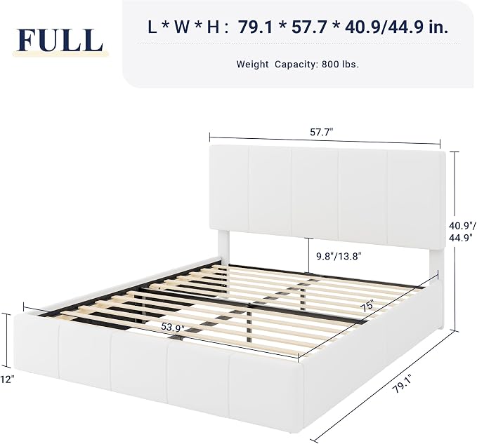 Allewie Full Size Dutch Velvet Upholstered Platform Bed Frame/Vertical Channel Tufted Adjustable Headboard/Low Profile Bed Frame/No Box Spring Needed/Easy Assembly/White