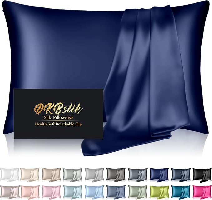 Silk Pillowcase for Hair and Skin, Mulberry Silk Pillow Cases King Size, Anti Acne Cooling Sleep Both Sides Natural Silk Satin Pillow Case Covers with Hidden Zipper, Gifts for Women Men, Navy Blue