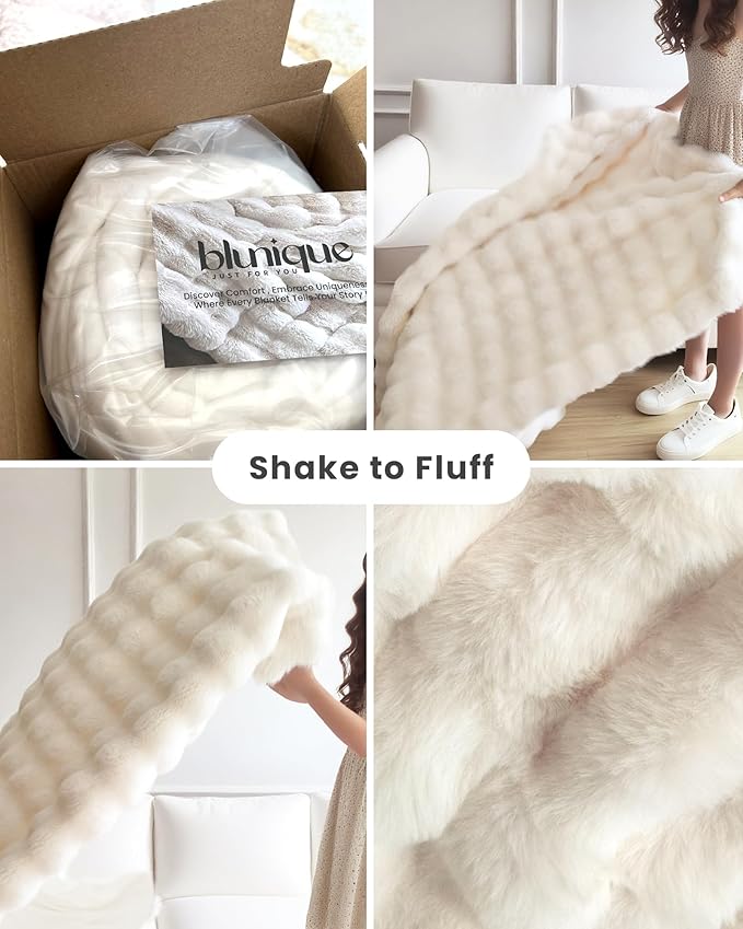 Ultra Soft Cozy Faux Fur Throw Blanket, Fuzzy Plush Thick Bubble Blanket, Oversize Luxury Fluffy Blanket for Couch, Bed, and Living Room, 60x80 Inches, Cream White