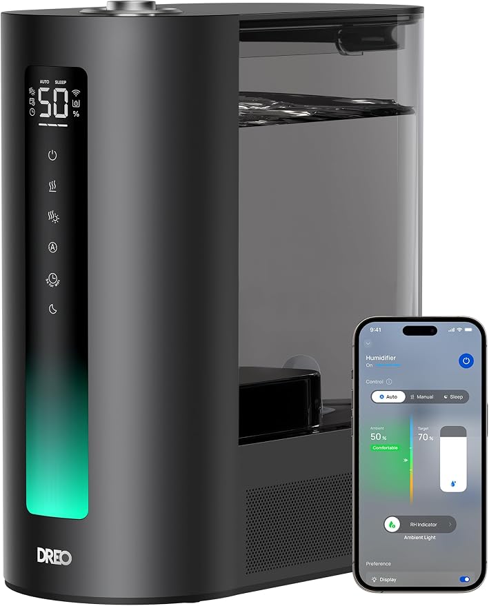 DREO 6L Smart Humidifiers for Bedroom, Warm & Cool Mist for Large Room | 60-Hour Quiet Runtime, 500ML/H Output, Smart Humidity Sensor, Indicator Light, App Control, Works with Alexa & Google, Black