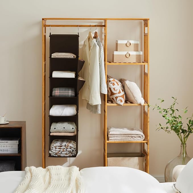 YOUDENOVA Hanging Closet Organizer and Storage, 6-Shelf, Brown | Breathable Fabric, Clothes Organizer with 2 Side Pockets, Hanging Shelves for Closet Storage, Dorm Room Essentials for Guys