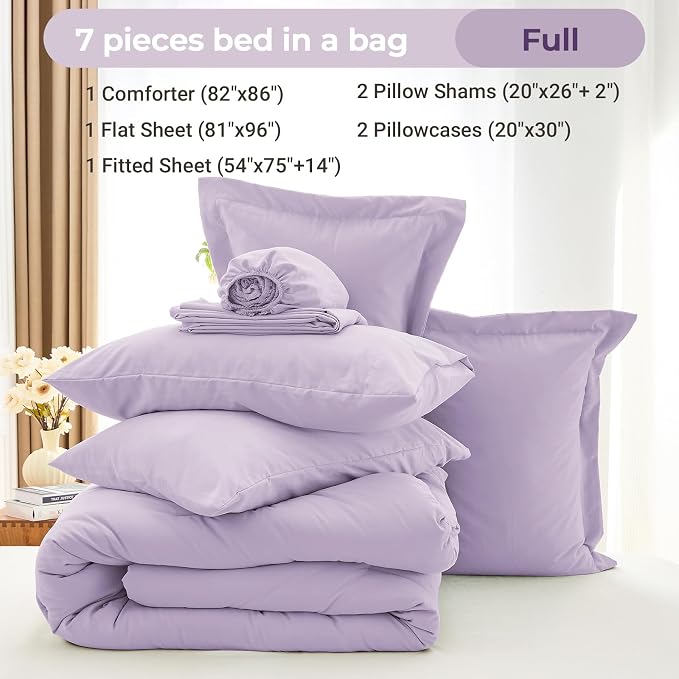 7 Pieces Full Comforter Set, Soft Bed in a Bag Full Size, All Season Bedding Set with Comforter, Flat Sheet, Fitted Sheet, Pillowcases & Shams, Lavender