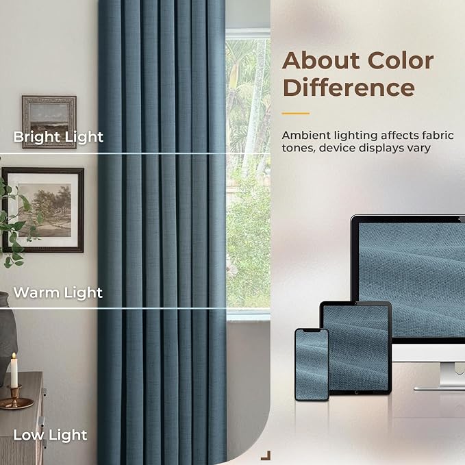 INOVADAY 100% Blackout Curtains for Bedroom Black Out Curtains 96 Inch Long | Stone Blue Living Room Curtains 2 Panels, Clip Rings Linen Look Blackout Drapes, Thermal Insulated Room Darkening,W50xL96