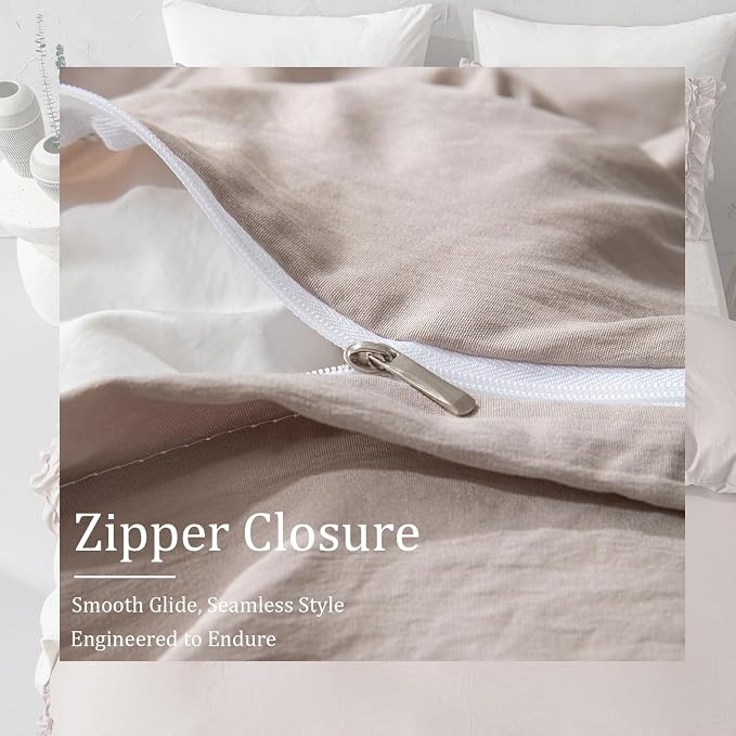 Bedorm Taupe Duvet Cover Set Twin Ruffle Bedding Set Pleat Ruffled Shabby Chic Comforter Cover Extra Soft & Easy Care Boho Duvet Cover with Zipper Closure
