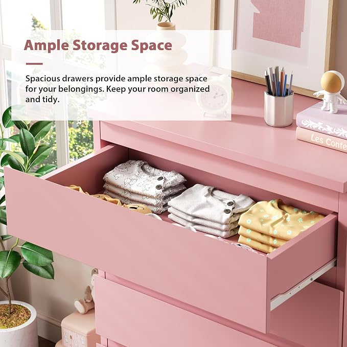 Jocoevol Pink 5 Drawer Dresser for Bedroom, 15" D x 23.7" W x 40.4" H in Simply Chest of Drawers, Wood Storage Dresser with Drawers for Living Room Hallway Entryway, Pink