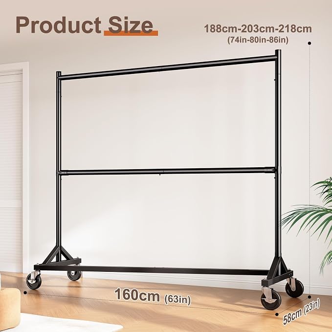 HOKEEPER Z Rack, Clothes Rack Hold 550LB Adjustable Height Double Rod Black | Portable Z Rack, Commercial Large Storage Space, with Wheels, Easy Assemble, 5 Years Sweet Service, 23"D*63"W*86"H