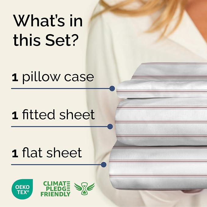 Twin 3 Piece Striped Sheet Set - Soft, Breathable & Cooling - Double Red | 1 Flat, 1 Fitted & 1 Pillowcase w/ Deep Pockets, Luxury Striped Bedding, Soft, Breathable & Cooling, Wrinkle & Fade Free