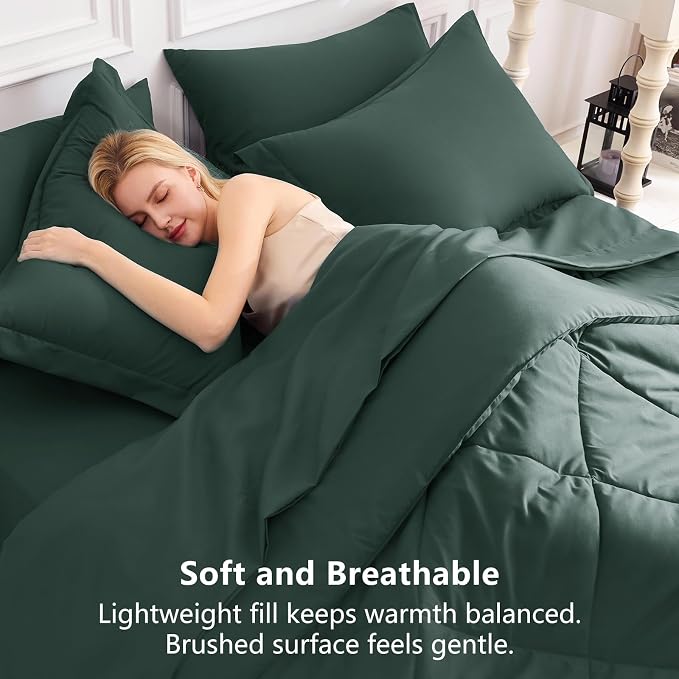 Full Size Comforter Sets Forest Green - 7 Pieces Bed in a Bag | OEKO-TEX Certified, All Season, 240GSM Down-Alternative Comforter, Sheets, Pillowcases & Shams, 14" Deep Pocket, Easy Care